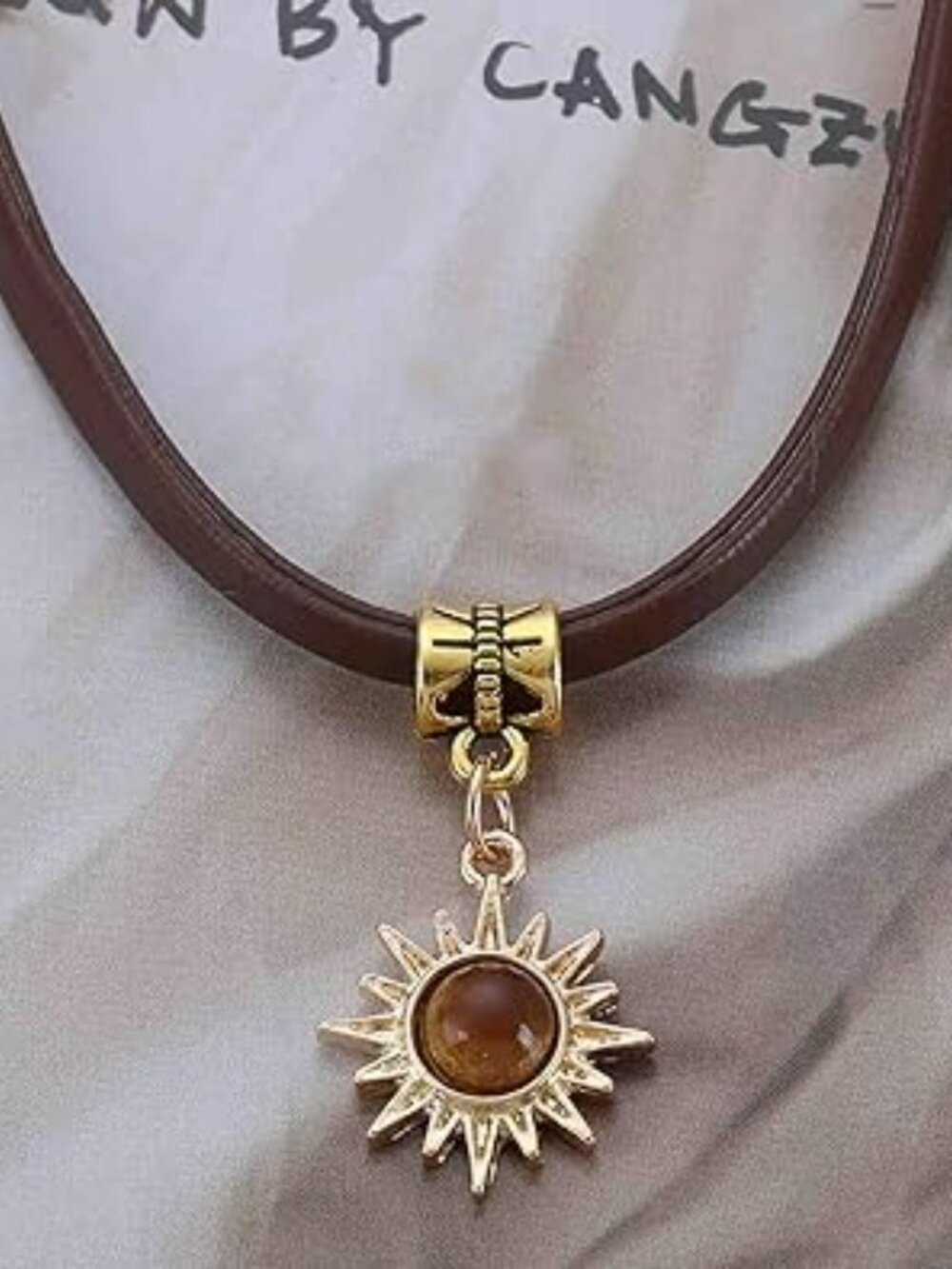 Brown Leather Choker Necklace Tiny Sunflower Pendant Necklace Country Boho - Picture 3 of 5